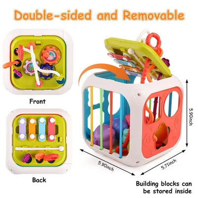 Fidtoy 7-in-1 Multifunctional Shape Sorting Box for Toddlers, Montessori Activity Cube with Shape Sorter, Beads, Gears, Pull String and Stacking Blocks