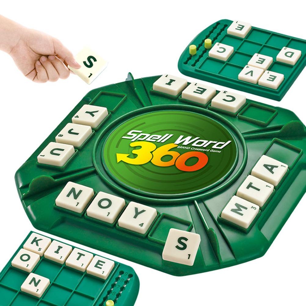 Fidtoy 360 Word Spell Crossword Game for Ages 10+, Plastic Rotating Letter Tile Board Game with 100 Letter Tiles, 4 Player Boards, Scoring Pegs, Family Word Strategy Game for 2-4 Players