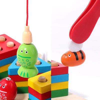 Fidtoy 3 in 1 Bee Clipping and Magnetic Fishing Four Column Shape Kit, Wooden Shape Sorting and Fine Motor Learning Toy Ages 2-6