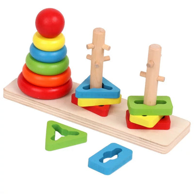 Fidtoy Rainbow Three Column Shapes Tower Wooden Stacking Toy for Kids Shape Sorting Fine Motor Learning Ages 2-6
