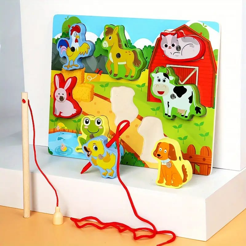 Fidtoy Puzzle magnétique 3D coloré à lacer - Design aléatoire, Puzzle de pêche et de laçage magnétique en bois, Jouet d'apprentissage précoce pour la motricité fine et l'association des couleurs, Âges 2-6