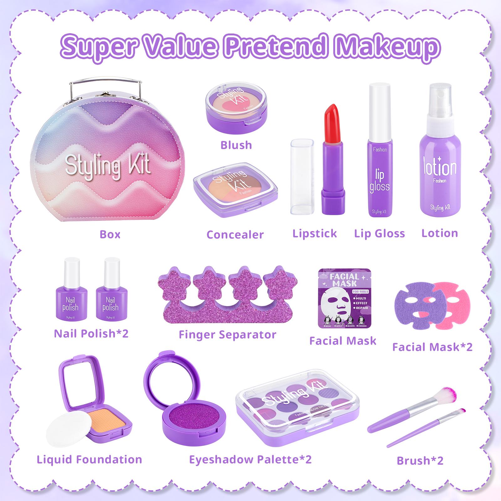 Girls Pretend Makeup Kit with Carry Case My First Kids Makeup Playset for Toddlers Safe Mess-Free Fake Makeup Complete Playset for Imagination Role Play Early Learning Perfect Gift for Girls 3+