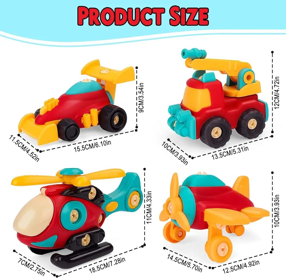 Fidtoy DIY Assembly Vehicle Toy Set 4 Pieces for Kids Ages 3-8, Take Apart Vehicle Playset with Screwdriver, Build and Disassemble Toy Cars for Fine Motor Skills, Problem Solving and Hands-On Engineering Play
