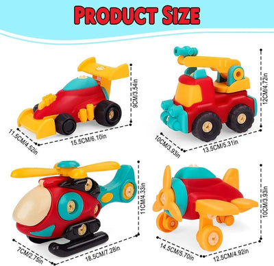 Fidtoy DIY Assembly Vehicle Toy Set 4 Pieces for Kids Ages 3-8, Take Apart Vehicle Playset with Screwdriver, Build and Disassemble Toy Cars for Fine Motor Skills, Problem Solving and Hands-On Engineering Play