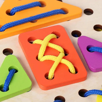 Fidtoy Wooden Rope Shape Lacing Pattern Kit Fine Motor Threading Toy for Kids Ages 3+