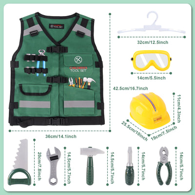 Juego de ropa de juego de rol de construcción, disfraz de juego de rol, chaleco de constructor realista, casco de seguridad, herramientas de juguete y accesorios, kit de juego de simulación STEM para niños y niñas de 3 años en adelante - Regalo de disfraz