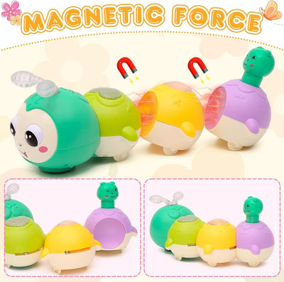 Fidtoy Magnetic Cute Electric Caterpillar Baby Toy with Light Sound for Babies Crawling Sensory Play Age 6M+