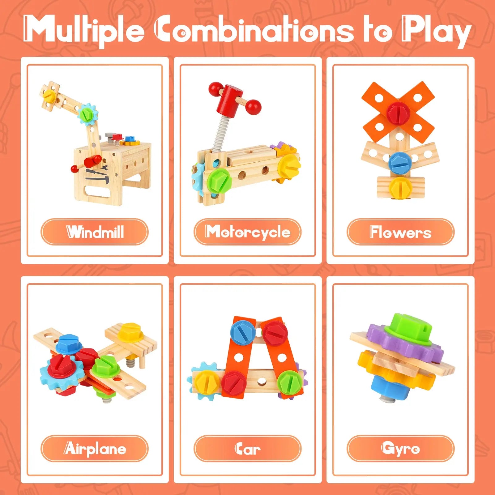 Fidtoy Wooden Tool Set for Kids 30 Piece Pretend Play Construction Toy for Toddlers