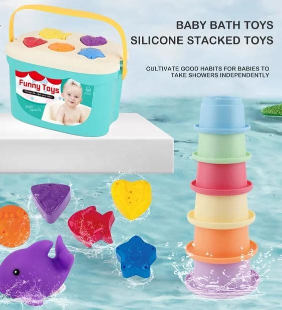 Fidtoy 2in1 Silicon Shape Sort and Stacking Bath Toy, Plastic Baby Bath Shape Sorting and Stacking Toy, Fine Motor Color Learning Toy Ages 6+ Months