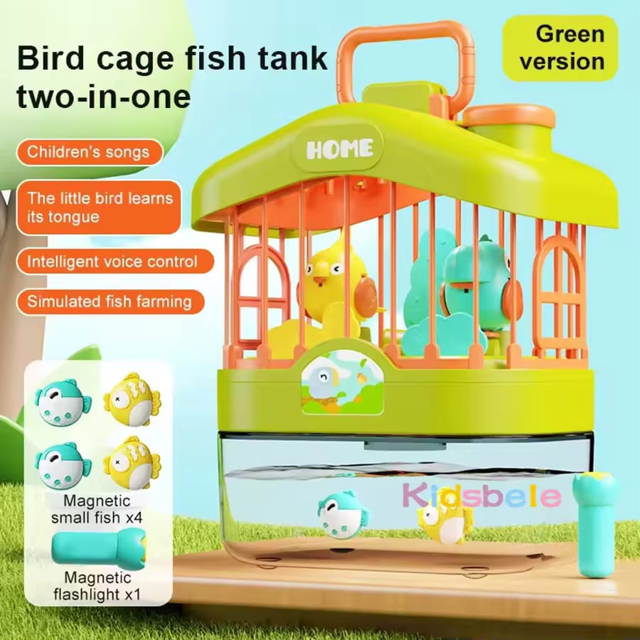 Fidtoy Jouet 2 en 1 Cage à oiseaux parlante et aquarium à poissons magnétiques en plastique avec capteur vocal, musique, lumières et jeu de pêche magnétique pour enfants de 2 ans et plus