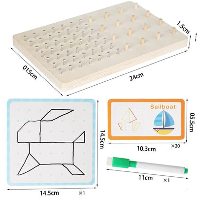 Fidtoy Wooden Geo Montessori Bands and Pattern Cards with Drawing Card Geoboard Shape Building Toy for Kids Ages 2 to 6