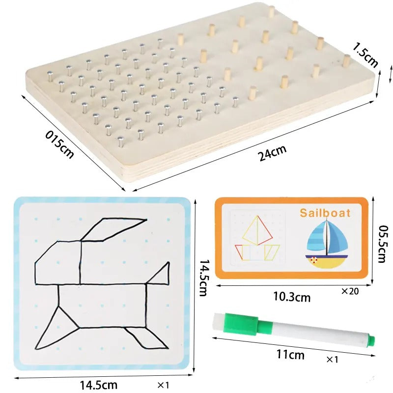 Fidtoy Wooden Geo Montessori Bands and Pattern Cards with Drawing Card Geoboard Shape Building Toy for Kids Ages 2 to 6