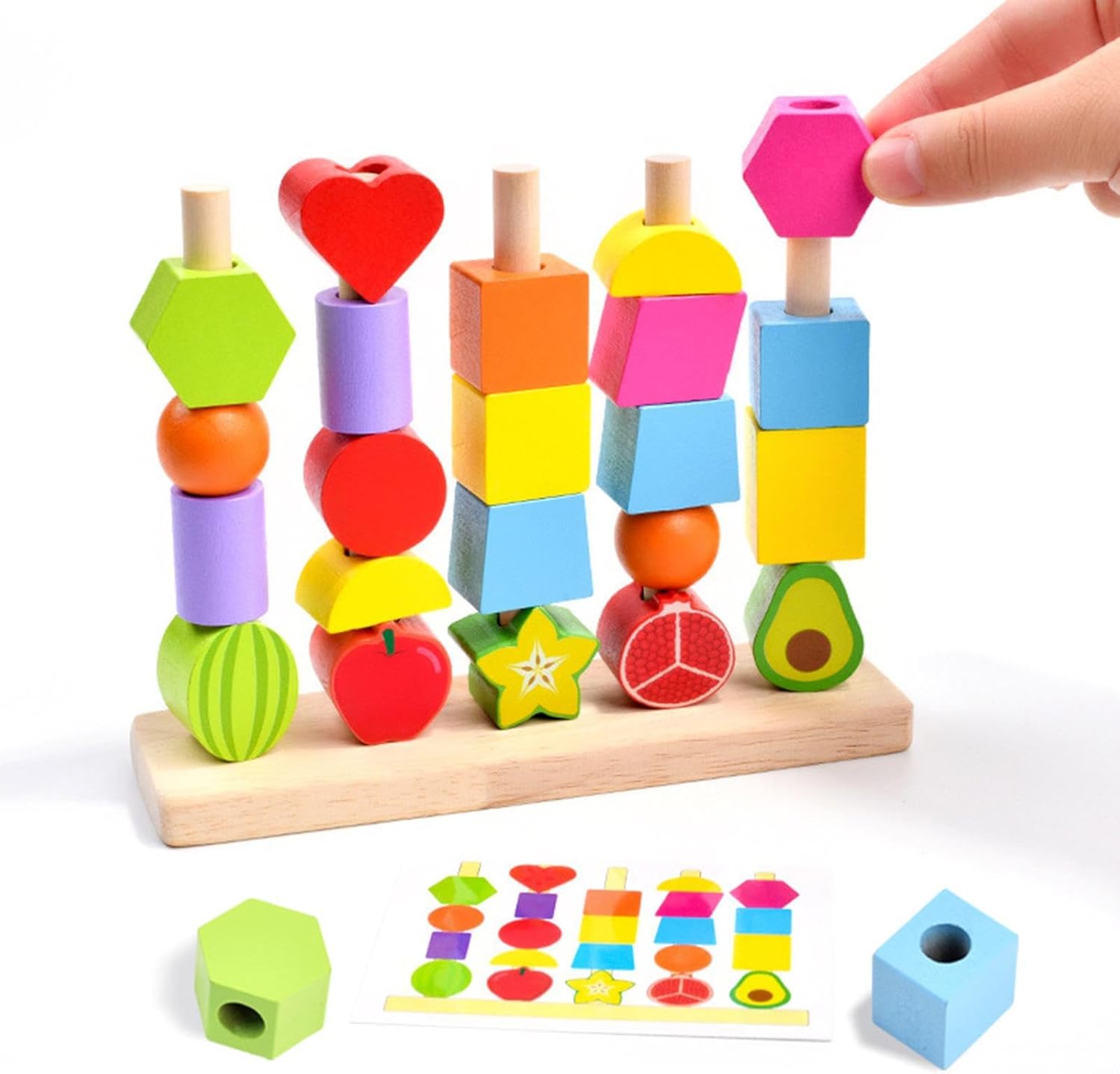 Fidtoy Wooden Montessori Fruits Sequence with Lacing Pattern 5-in-1 Bead Sorting Fine Motor Toy for Kids Ages 3+