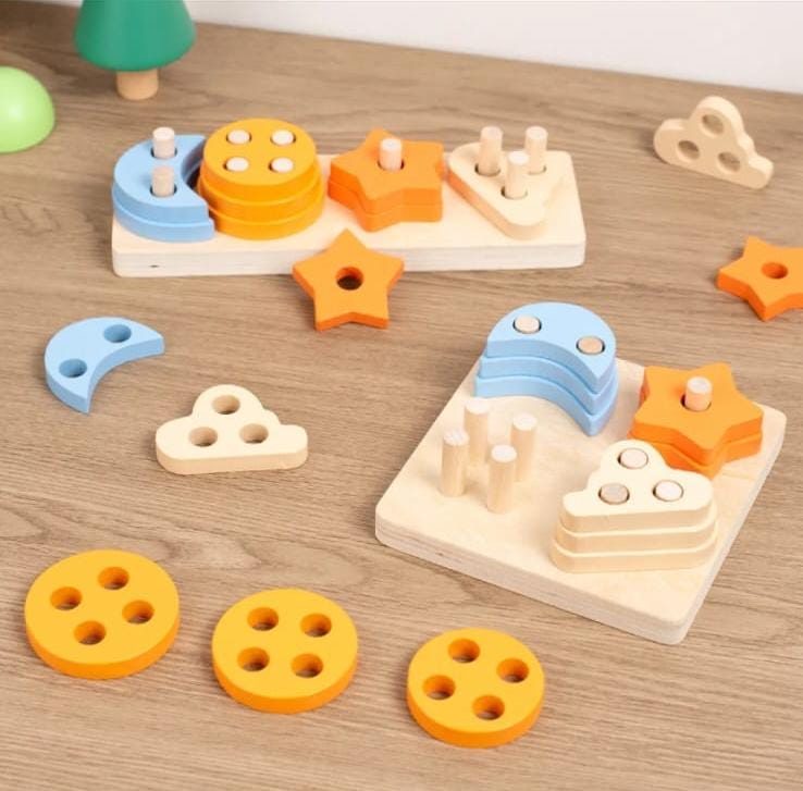 Fidtoy Wooden Star and Crescent Shape Sorting Column Montessori Stacking Board Shape Sorter Toy for Toddlers