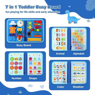 Fidtoy Busy Dinosaur Learning Sensory Fine Motor Book  for Toddlers – 5 Double-Sided Montessori Busy Book with Buckles, Zippers, Numbers, Letters & Weather Activities