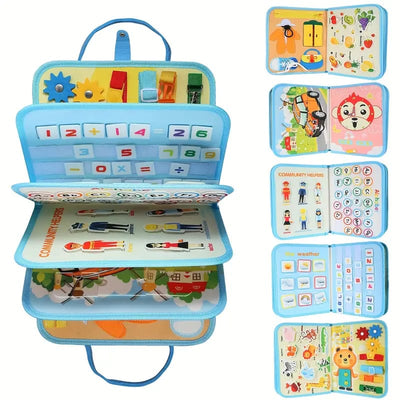 Fidtoy 10-in-1 Toddler Busy Board Cloth Book Multi-Sensory Interactive Learning Toy with Dressing Skills Alphabet Numbers Math Animals Cars Weather Clock Ages 0-4