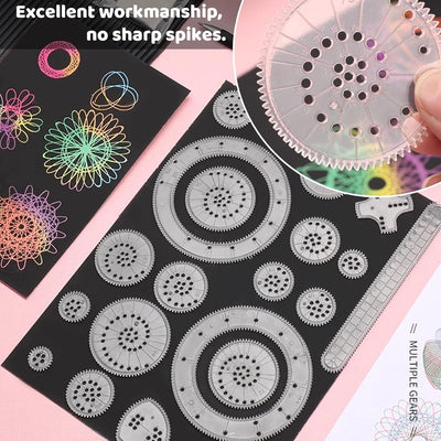Fidtoy Spiral Art Gear Geometric Drawing Pattern Set for Kids Ages 3-8, 22-Piece Plastic Spirograph Style Ruler Art Kit with Gears, Pens and Drawing Paper