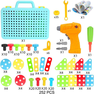 Fidtoy Creative Electric Drill Mosaic Pattern Puzzle Tool Kit for Kids 252PCS STEM Construction Building Toy with Electric Drill & Colorful Screws Ages 4-8