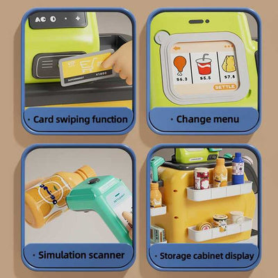 Fidtoy Jeu d'Imitation 3-en-1 Multifonctionnel avec Caisse Enregistreuse et Café, Machine à Café, Réfrigérateur et Caisse Enregistreuse en Plastique pour Enfants, Jeu de Rôle Cuisine et Shopping pour Enfants de 3 ans et plus
