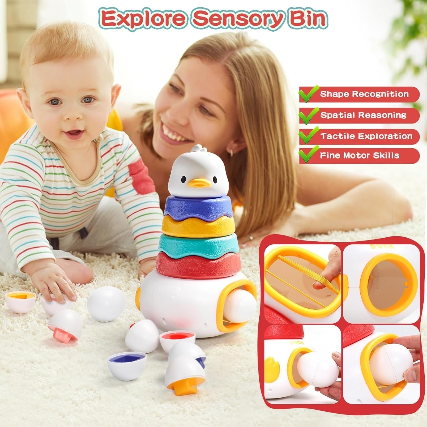 Fidtoy 2in1 Duck Tumbler Stacker and Egg Pairing Toy, Plastic Duck Stacking Blocks with 6 Egg Matching Pieces, Fine Motor Sensory Learning Toy Ages 12+ Months