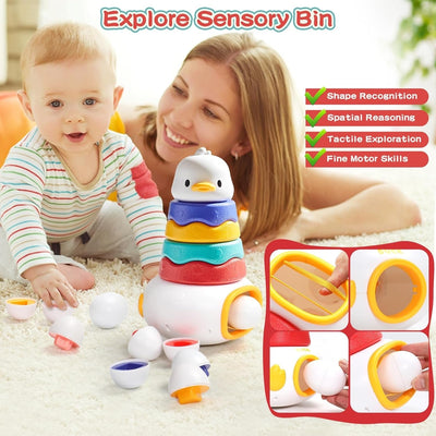 Fidtoy Jouet Culbuto Canard 2-en-1 et Jeu d'Association d'Œufs, Blocs de Construction Canard en Plastique avec 6 Œufs à Assortir, Jouet d'Apprentissage Sensoriel pour la Motricité Fine, 12 Mois et Plus