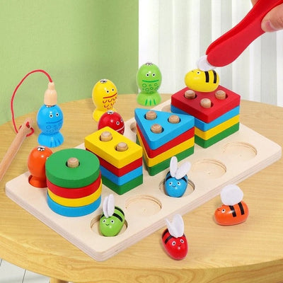 Fidtoy 3 in 1 Bee Clipping and Magnetic Fishing Four Column Shape Kit, Wooden Shape Sorting and Fine Motor Learning Toy Ages 2-6