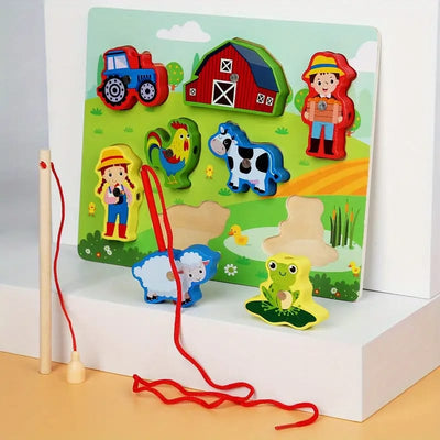 Fidtoy Puzzle magnétique 3D coloré à lacer - Design aléatoire, Puzzle de pêche et de laçage magnétique en bois, Jouet d'apprentissage précoce pour la motricité fine et l'association des couleurs, Âges 2-6