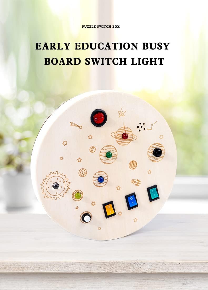 RGWOW Jouets pour tout-petits de plus de 3 ans, tableau d'activités Montessori. Jouets sensoriels pour bébés, jouets de voyage en bois avec boutons LED lumineux et son, jouets éducatifs (rond coloré)