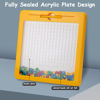 Fidtoy Small Magnetic Beads Drawing Board for Kids Ages 2-6, Yellow Plastic Magnetic Drawing Pad with Magnetic Pen, 10 Double-Sided Pattern Cards, Sealed Acrylic Panel and Fine Motor Creative Play