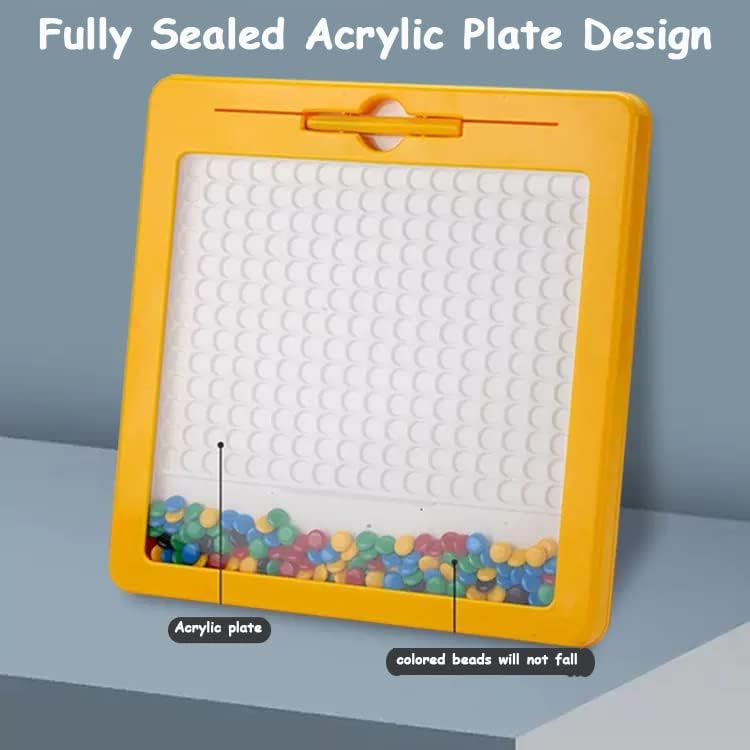 Fidtoy Small Magnetic Beads Drawing Board for Kids Ages 2-6, Yellow Plastic Magnetic Drawing Pad with Magnetic Pen, 10 Double-Sided Pattern Cards, Sealed Acrylic Panel and Fine Motor Creative Play