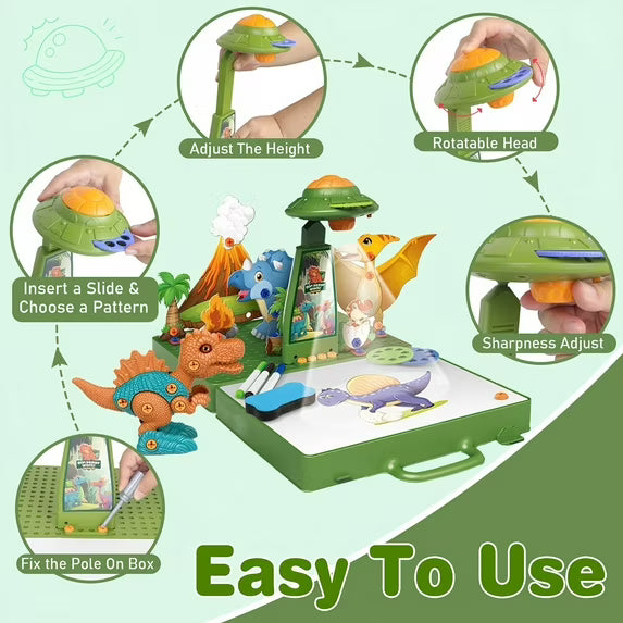 Fidtoy 5-in-1 Projector Painting with Dinosaur Assembling Screw Play Figure, Kids Dinosaur Drawing Projector Toy with 3D Puzzle, Screw Assembly, Colored Pens and Reusable Art Board Age 5+