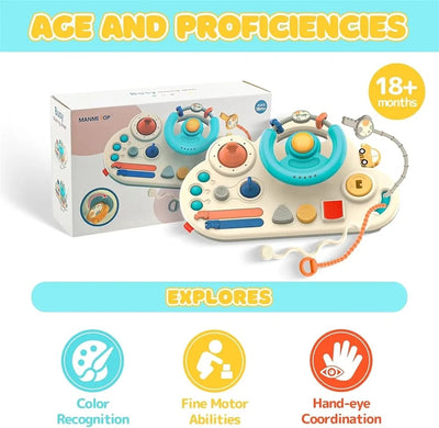 Fidtoy Volant d'activités Montessori pour bébé à tirer – Jouet sensoriel de voyage avec cordes à tirer, bulles, boutons et jeu de motricité fine