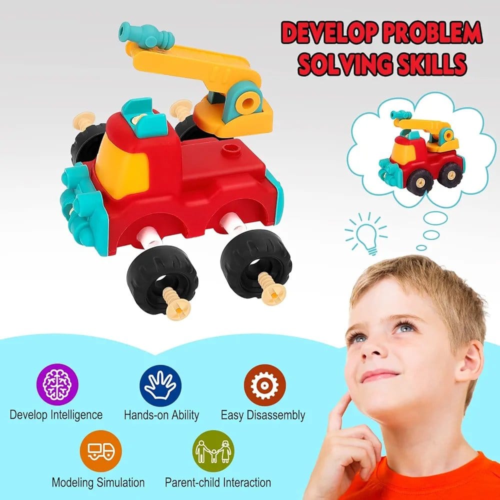 Fidtoy DIY Assembly Vehicle Toy Set 4 Pieces for Kids Ages 3-8, Take Apart Vehicle Playset with Screwdriver, Build and Disassemble Toy Cars for Fine Motor Skills, Problem Solving and Hands-On Engineering Play