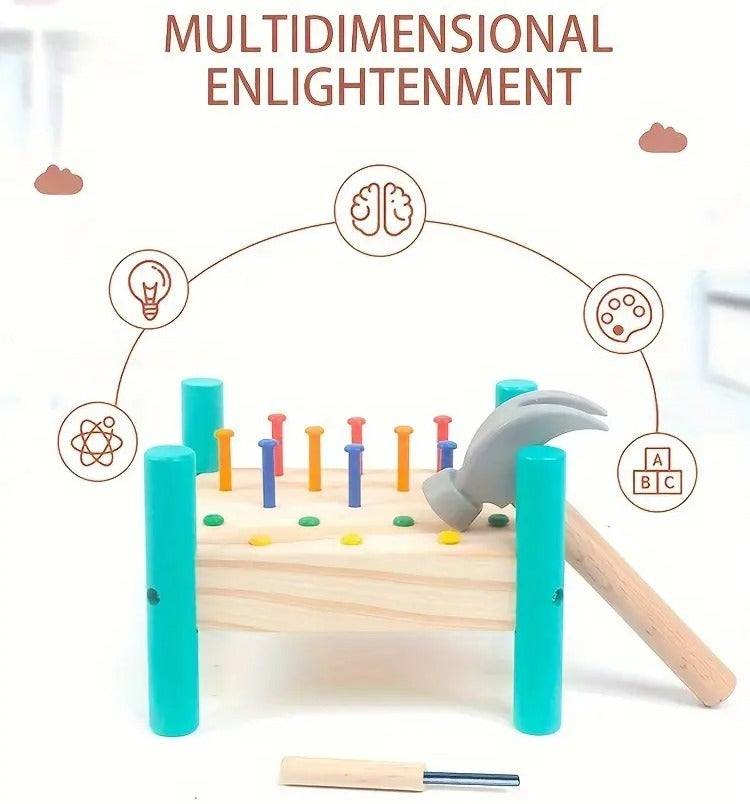 Fidtoy Interactive Nailing Wooden Table Activity Hammering Bench with Pegs and Hammer for Kids Fine Motor Play