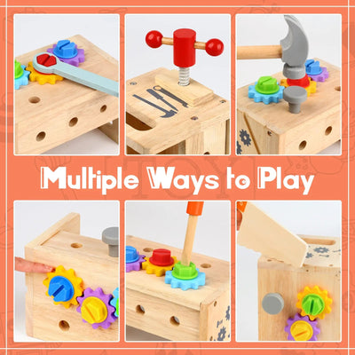 Fidtoy Juego de herramientas de madera para niños, 30 piezas, juguete de construcción para juegos de imitación para niños pequeños