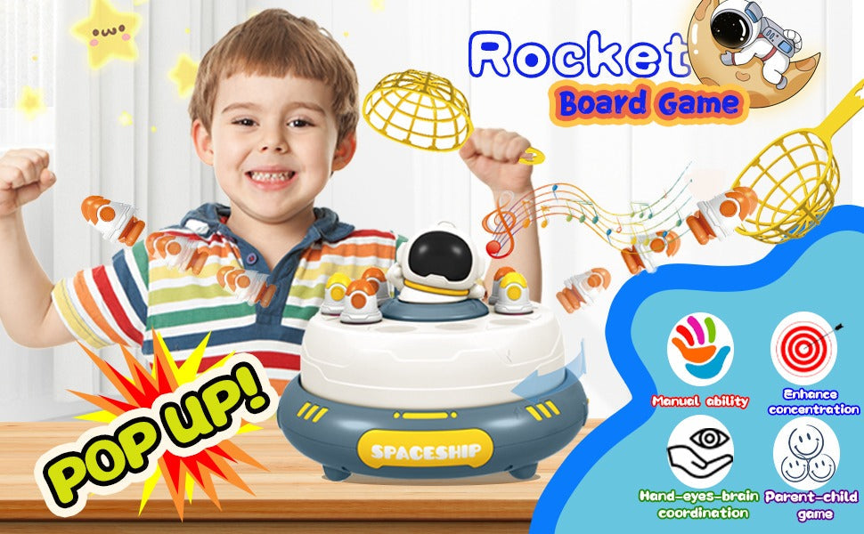 Fidtoy 2in1 Magnetic Fishing and Catching Rocket Launcher Turntable , Plastic Space-Themed Rocket Catching Game with Magnetic Fishing, Hand Eye Coordination Toy Ages 3+