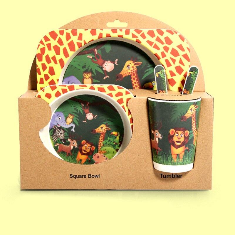 Fidtoy Bamboo Dinnerware Set for Kids – 5 Piece Mealtime Set Plate Bowl Cup Spoon Fork for Toddlers