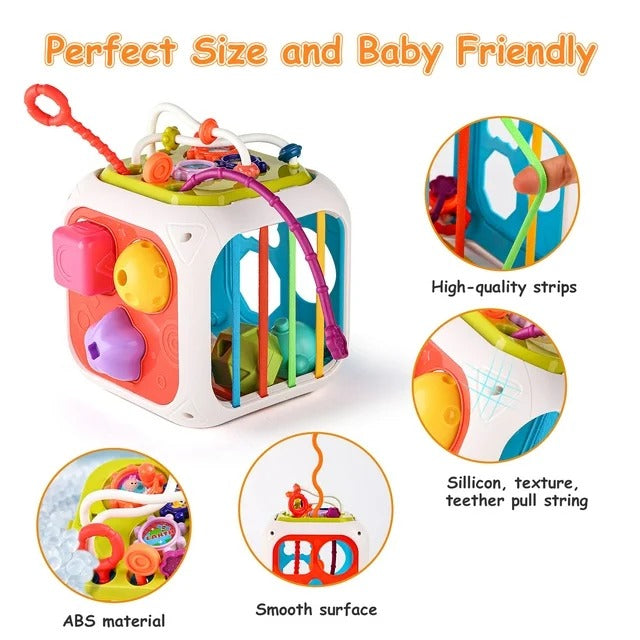 Fidtoy 7-in-1 Multifunctional Shape Sorting Box for Toddlers, Montessori Activity Cube with Shape Sorter, Beads, Gears, Pull String and Stacking Blocks
