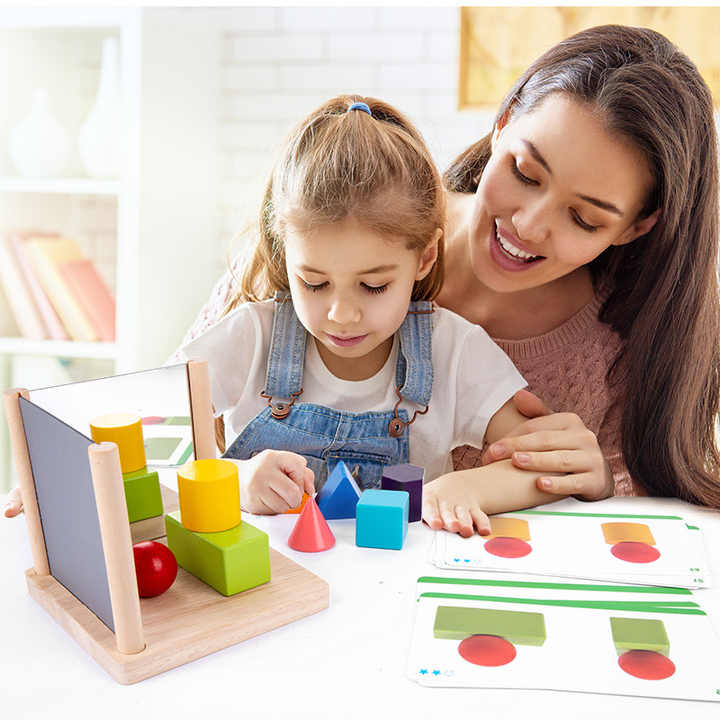 Fidtoy Mirror Wooden 3D Shape Pattern Blocks Montessori Geometry Puzzle Toy for Kids Spatial Learning Play