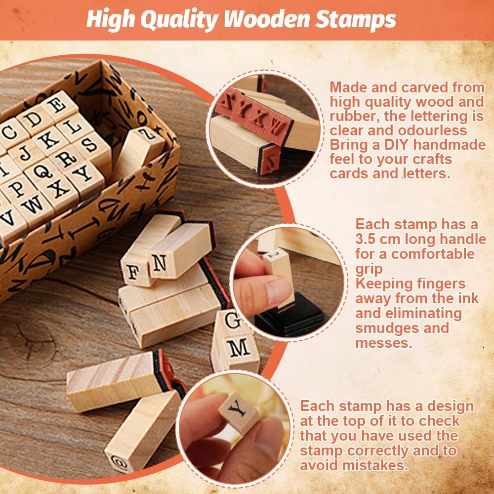 Fidtoy Wooden Number and Letter Stamp Set 40 Pieces Alphabet Rubber Stamps with Inkpad for Kids DIY Cards Scrapbooks Journals Ages 3+