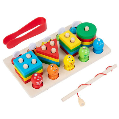 Fidtoy 3 in 1 Bee Clipping and Magnetic Fishing Four Column Shape Kit, Wooden Shape Sorting and Fine Motor Learning Toy Ages 2-6