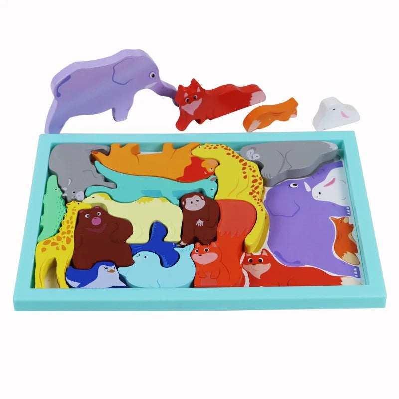 Fidtoy Wooden Logical Challenge Tray Blocks Game Animal Puzzle for Kids Ages 3+