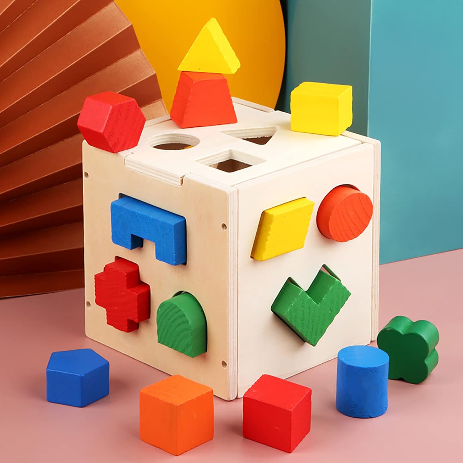 Fidtoy Shape Sorting Intelligence Box 15 Pieces for Kids Ages 2-6, Wooden Shape Sorter Cube with Color Matching, Geometric Blocks, Fine Motor Play and Early Learning Puzzle Activity