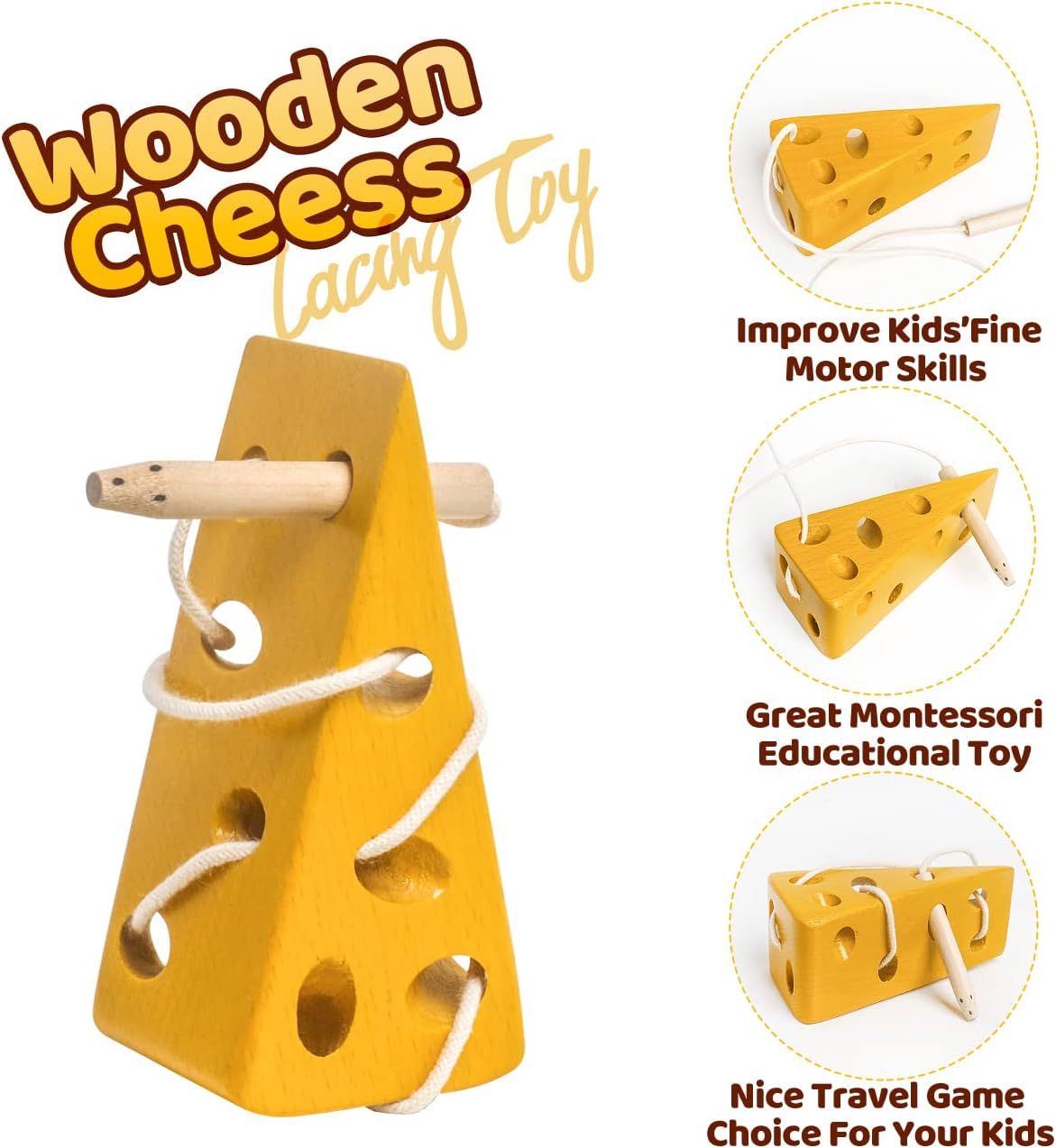 USATDD Jouets à lacer en bois en forme de fromage, jouets à enfiler pour la motricité fine, jeu de voyage en avion ou en voiture, puzzle Montessori pour la cognition préscolaire, cadeau pour les tout-petits et les enfants de 3 ans et plus