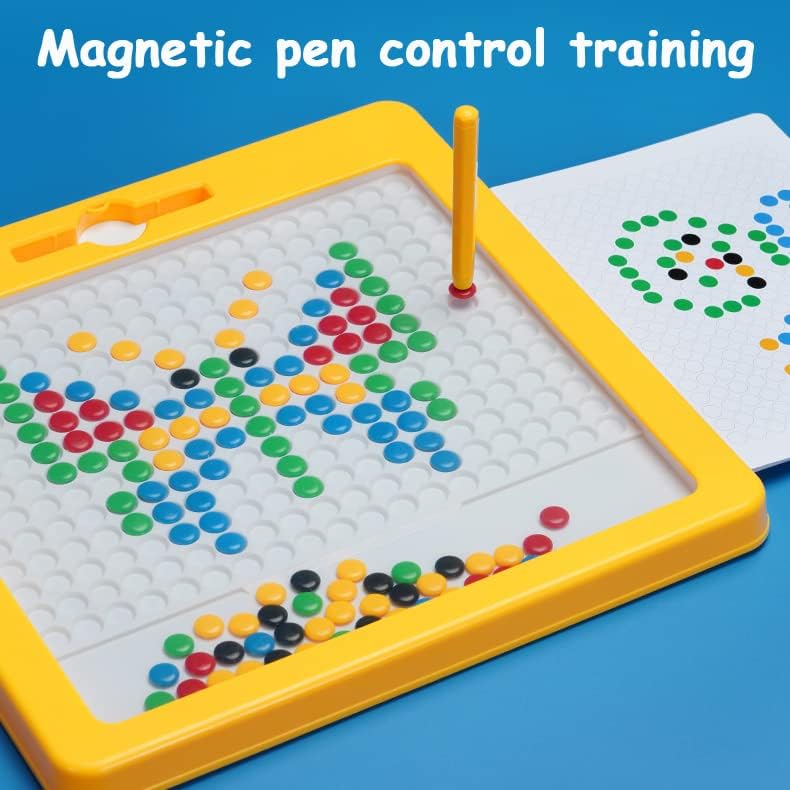 Fidtoy Small Magnetic Beads Drawing Board for Kids Ages 2-6, Yellow Plastic Magnetic Drawing Pad with Magnetic Pen, 10 Double-Sided Pattern Cards, Sealed Acrylic Panel and Fine Motor Creative Play