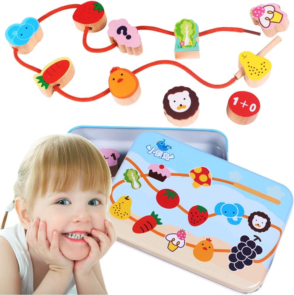 CenYouful Jouet à lacer en bois, jeu éducatif précoce de perles à lacer et à enfiler pour les tout-petains et les enfants, jeu de jouets d'apprentissage des animaux terrestres (12 pièces) (Légumes Fruits)