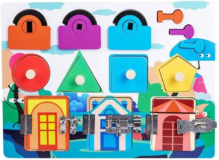 Dear Mia Little Liz | Planche d'activités Montessori avec serrures et figurines | Éveil sensoriel | Entraînement à la motricité fine | Coordination œil-main | Enfants en bas âge
