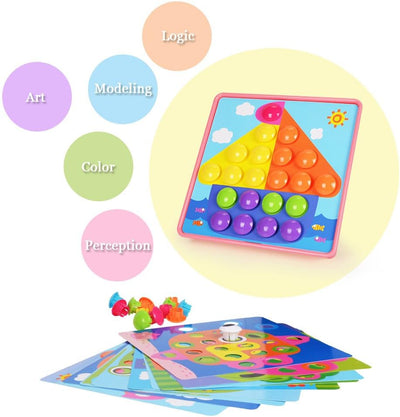 Fidtoy Jeu de Mosaïque en Boutons pour Enfants, Jeu d'Association de 45 Boutons avec 12 Cartes Illustrées, Jouet d'Apprentissage Moteur Fin et d'Association de Couleurs pour Enfants de 3 Ans et Plus