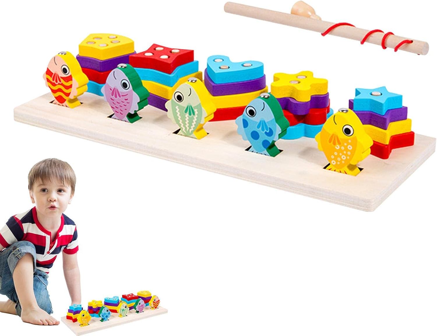 Fidtoy Wooden Magnetic Fishing Shape Sorter Board for Toddlers Fine Motor Color Matching Toy Age 2-6