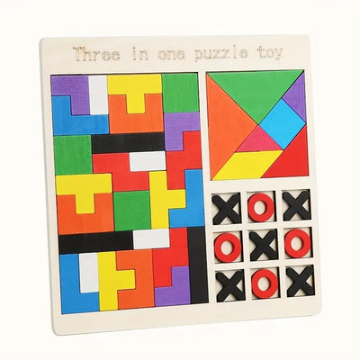 Fidtoy Jeu de Société en Bois 3-en-1 Tetris, Chiffres et Casse-tête pour Enfants, Planche en Bois avec Blocs de Construction, Tangram et Tic-Tac-Toe, Jouet de Motricité Fine et de Stratégie pour les 2-6 Ans